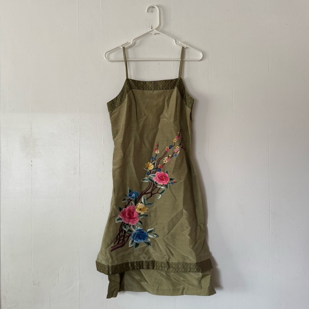 NWT Vintage Sue Wong Embroidered Floral Khaki Mini Dress